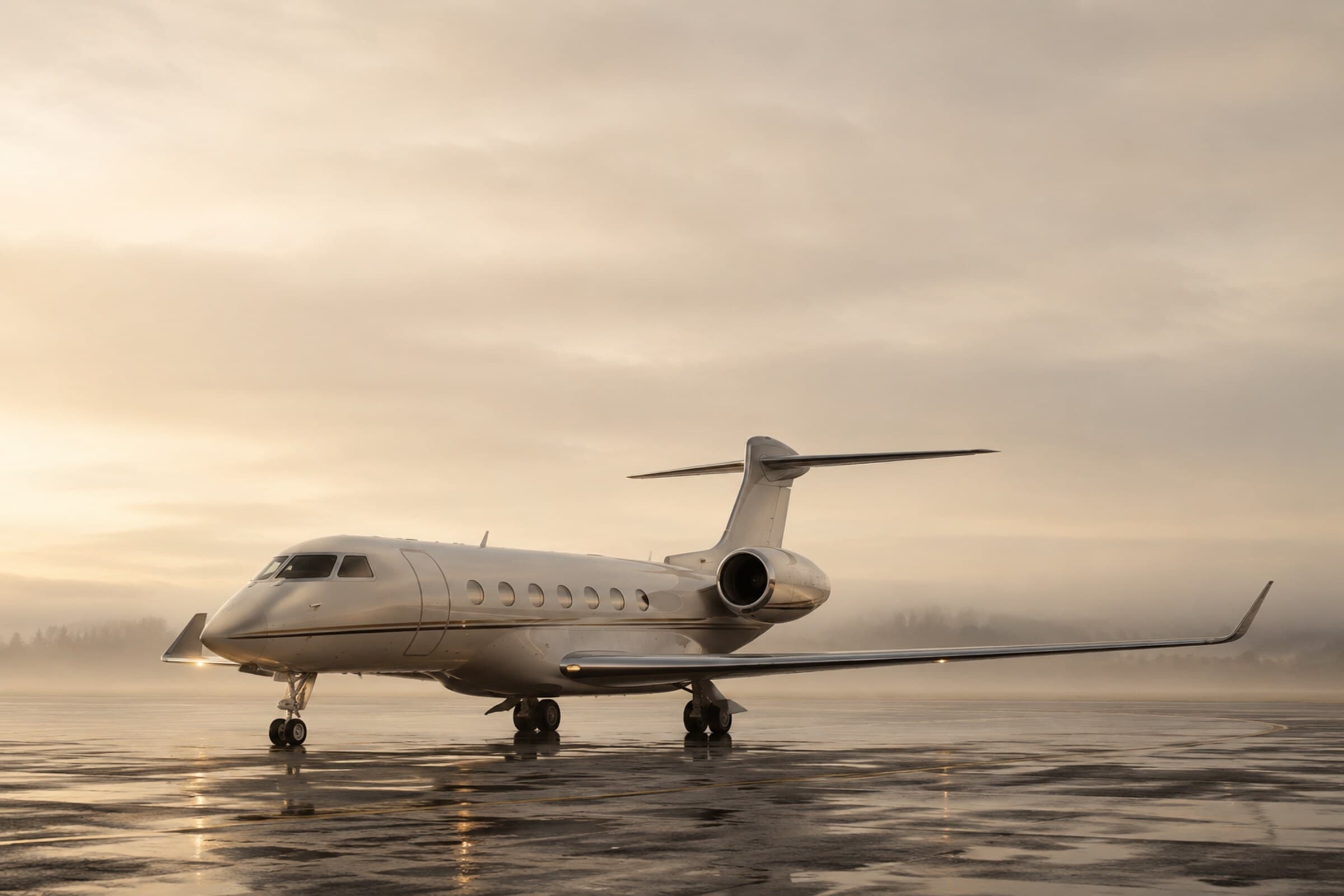 Private jet on the tarmac at dusk